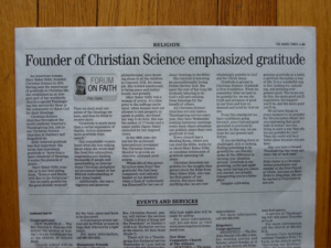 Today’s Newspaper Article by Me: Founder of Christian Science Emphasized Gratitude