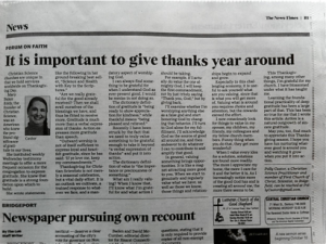 Today’s Newspaper Article by me: It is Important to Give Thanks Year Around