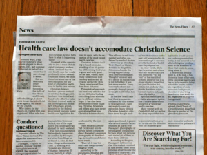 Newspaper Article by my Daughter:  Healthcare Law Doesn’t Accommodate Christian Science