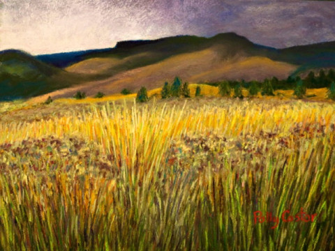 Pastel landscape by Polly Castor, From Storm into sunshine, art by Polly Castor