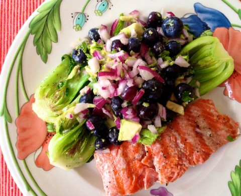recipe for salmon and bok choy with blueberry salsa