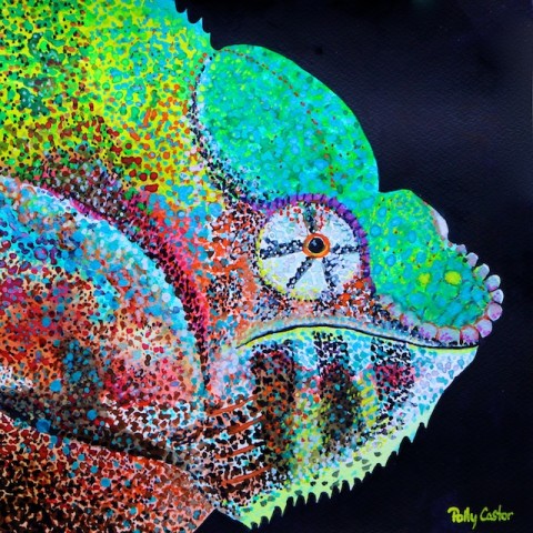 Chameleon in gouache, art by Polly Castor