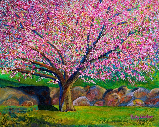 Blooming Crabapple in Evening Light (painting in acrylic) by Polly Castor