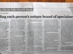 My Newspaper Article: Finding Each Person’s Unique Brand of Specialness