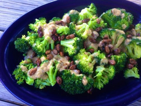 Broccoli with Pralined Pistachios and Tahini Dressing (Recipe)