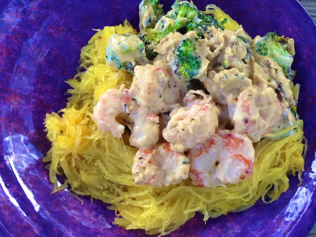 Vegan Alfredo Recipe (with Spaghetti Squash, Broccoli, and Shrimp)