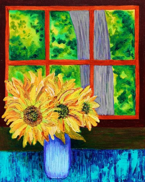 Cabin Sunflowers (acrylic) by Polly Castor