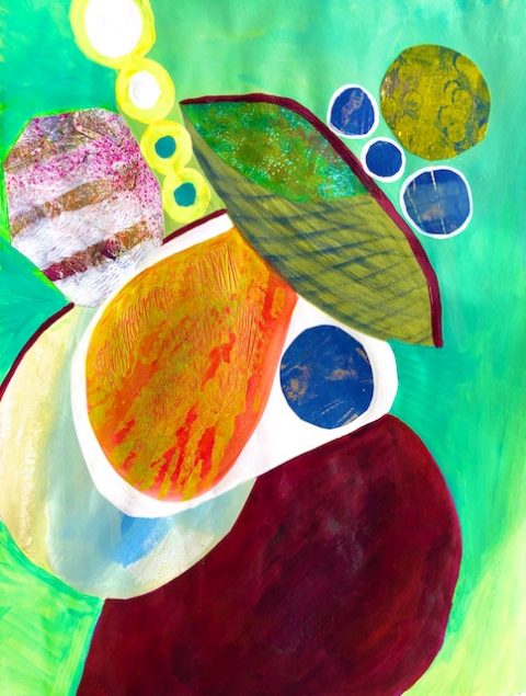 Juggling Stability (acrylic monoprint collage) by Polly Castor