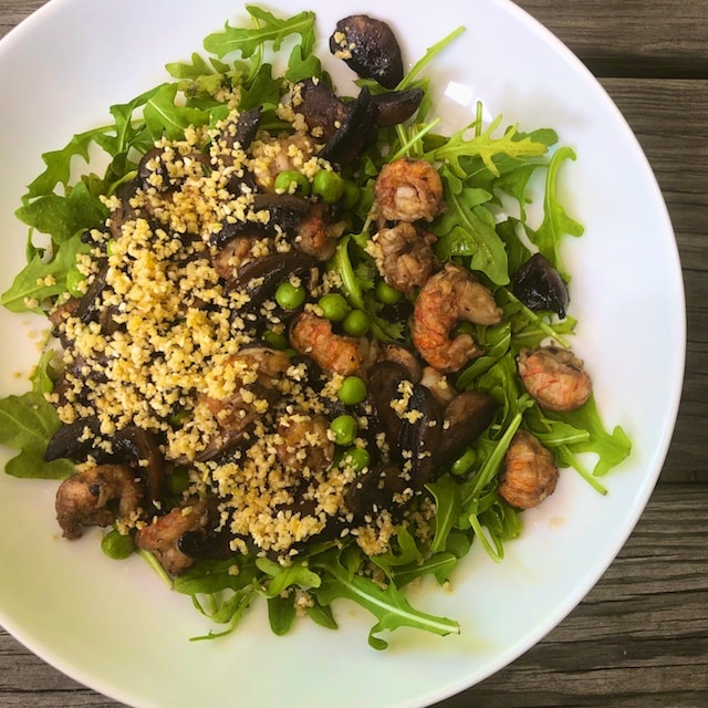 Warm Mushroom Salad with Fresh Peas and Pine Nut Parmesan recipe