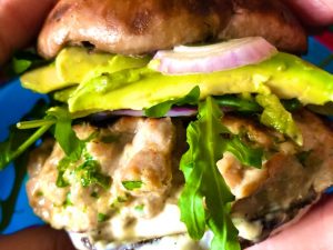 Savory Tuna Burgers with Sriracha Mayonnaise on Portobello Mushroom “Buns” (Recipe)