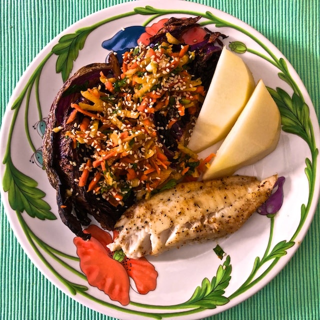 Roasted Red Cabbage with Carrot Jicama Slaw and Ginger Cumin Dressing Recipe