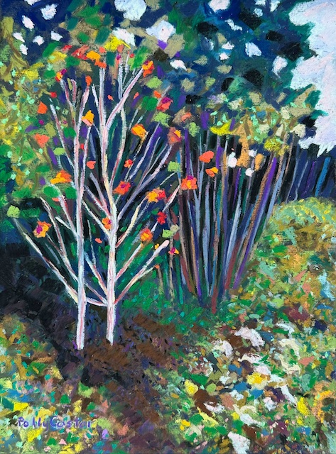 Rowan trees on Monhegan plein air painting, by Polly Castor