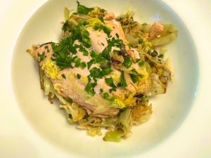 Steam-fried Cabbage with Poached Salmon (Recipe)