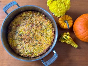 Scallion, Potato, Roasted Pepper Cheese Bake with Harissa