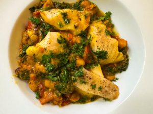 Cod Braised in Coconut Milk with Tomatoes and Chickpeas (Recipe)