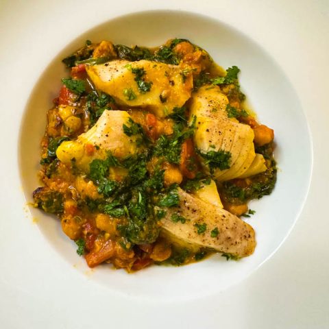 Cod braised in Coconut Milk with tomatoes and chickpeas recipe
