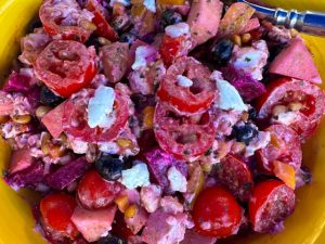 Tomato, Roasted Beet, Fruit, and Goat Cheese Salad