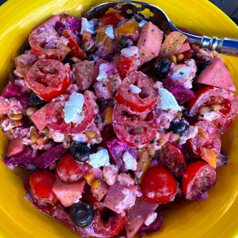 Tomato, Roasted Beet, Fruit, and Goat Cheese Salad