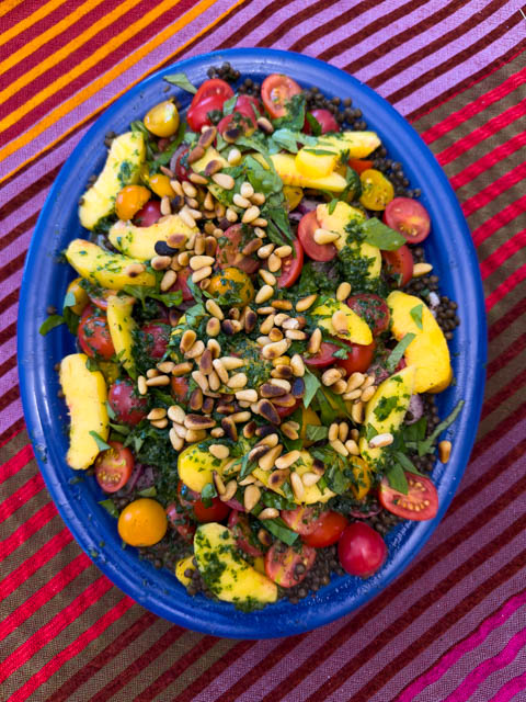 Black lentil salad with Peaches, Tomatoes, and Basil